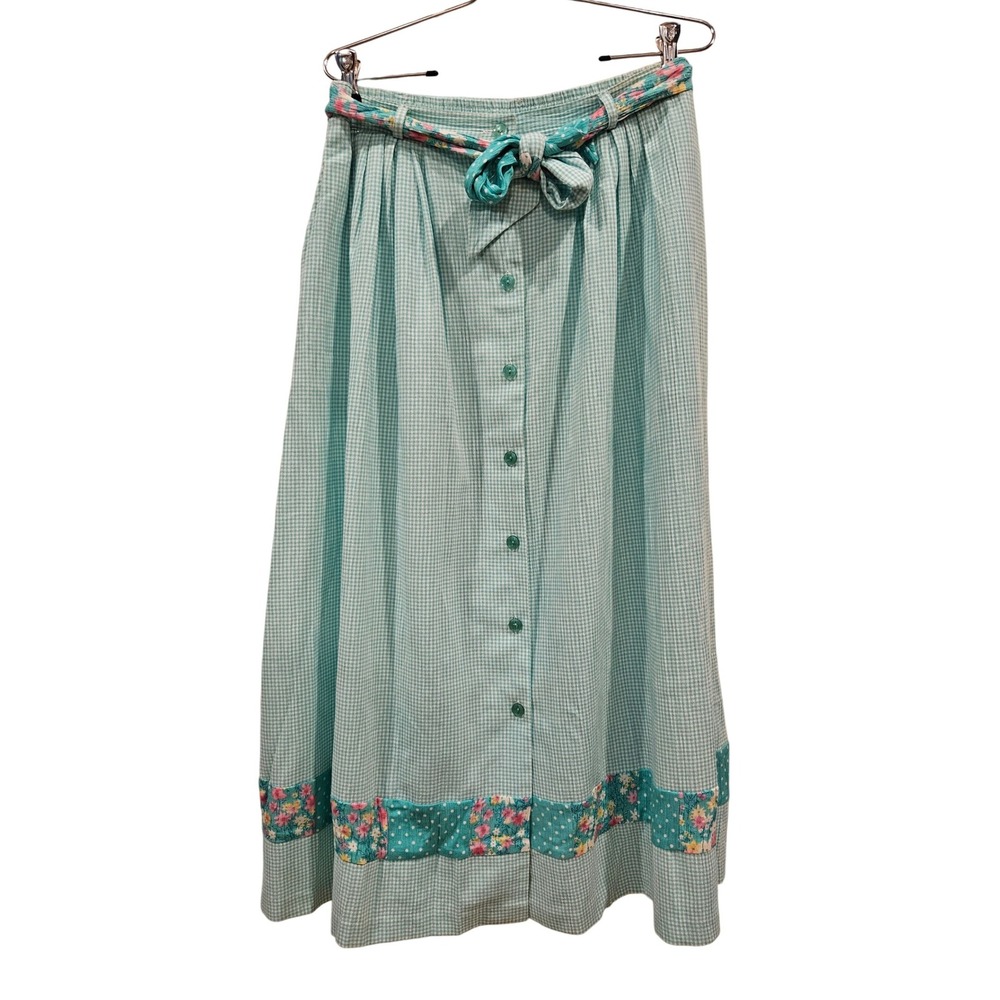 Vintage‎ Napa Valley Women's Green Gingham Floral Trim Maxi Skirt